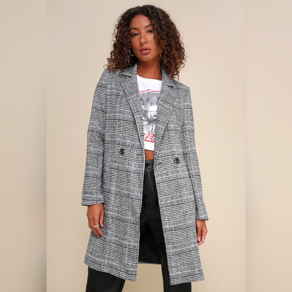 Lulus Chilly Out Black and White Glen Plaid Long Coat
